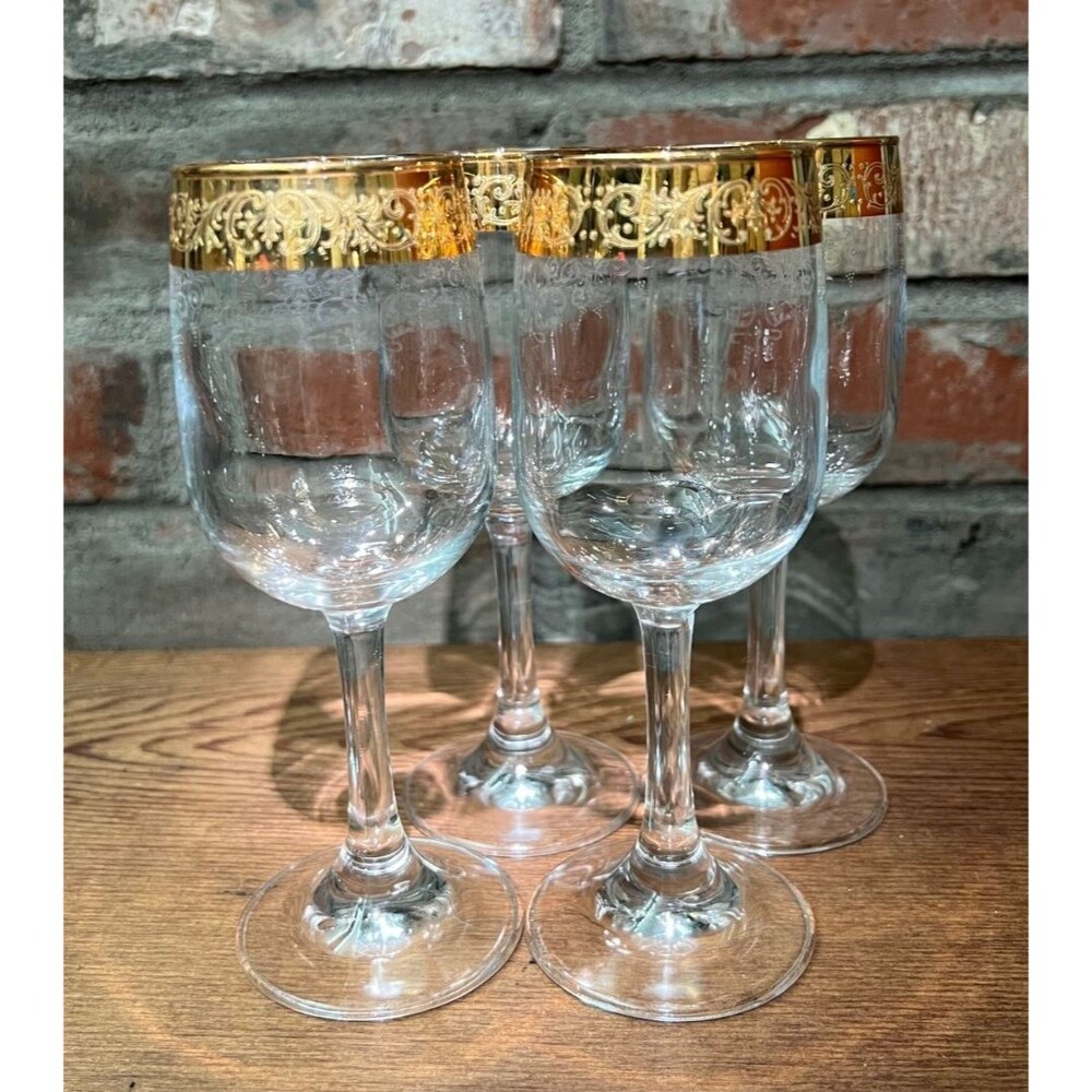 24K GOLD Cellini Etched Blown Crystal Wine Glasses Set of 4 Gold Trim Vintage